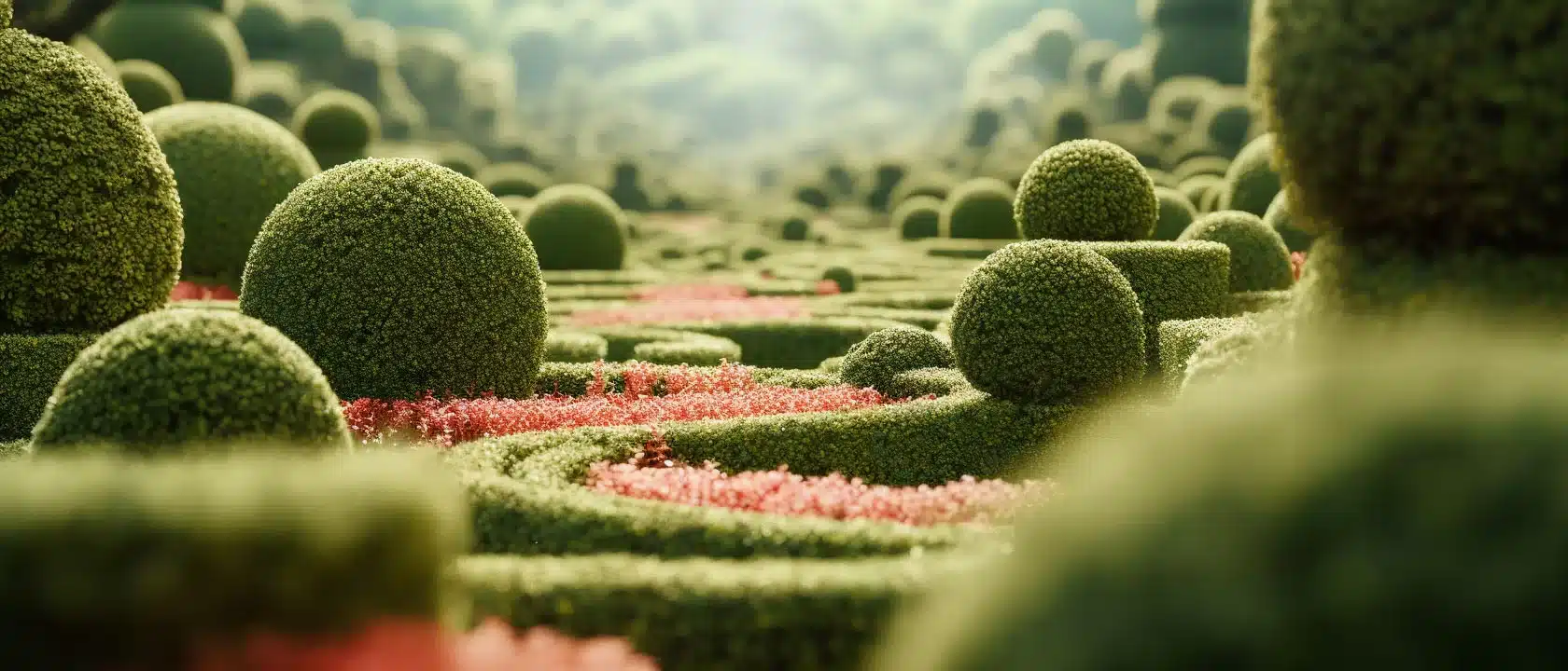 Background of an eye-level view of topiary garden, geometric landscape design